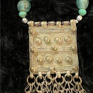 Handcrafted Turquoise glass Bead Statement Necklace - Artisan Ethiopian Amulet